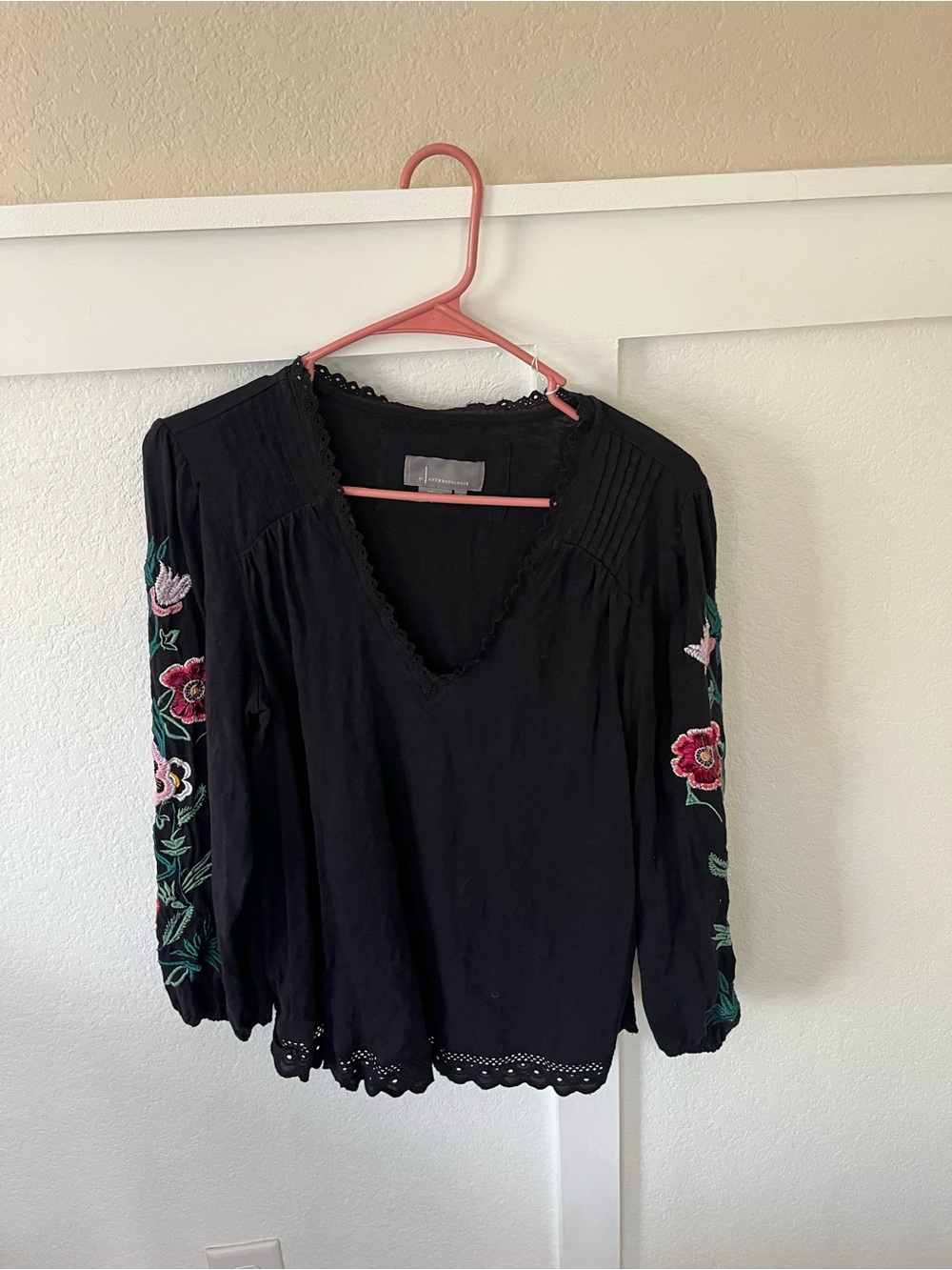 Anthropologie Women's Medium Embroidered V-neck Blouse